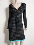 Tante Betsy - Jurk - overslag, zwart met grijze stippen, turquoise kanten zoom - L