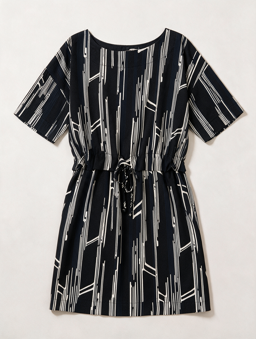 Modström - Jurk - zwart-wit, grafische print, strikkoord in de taille - XS
