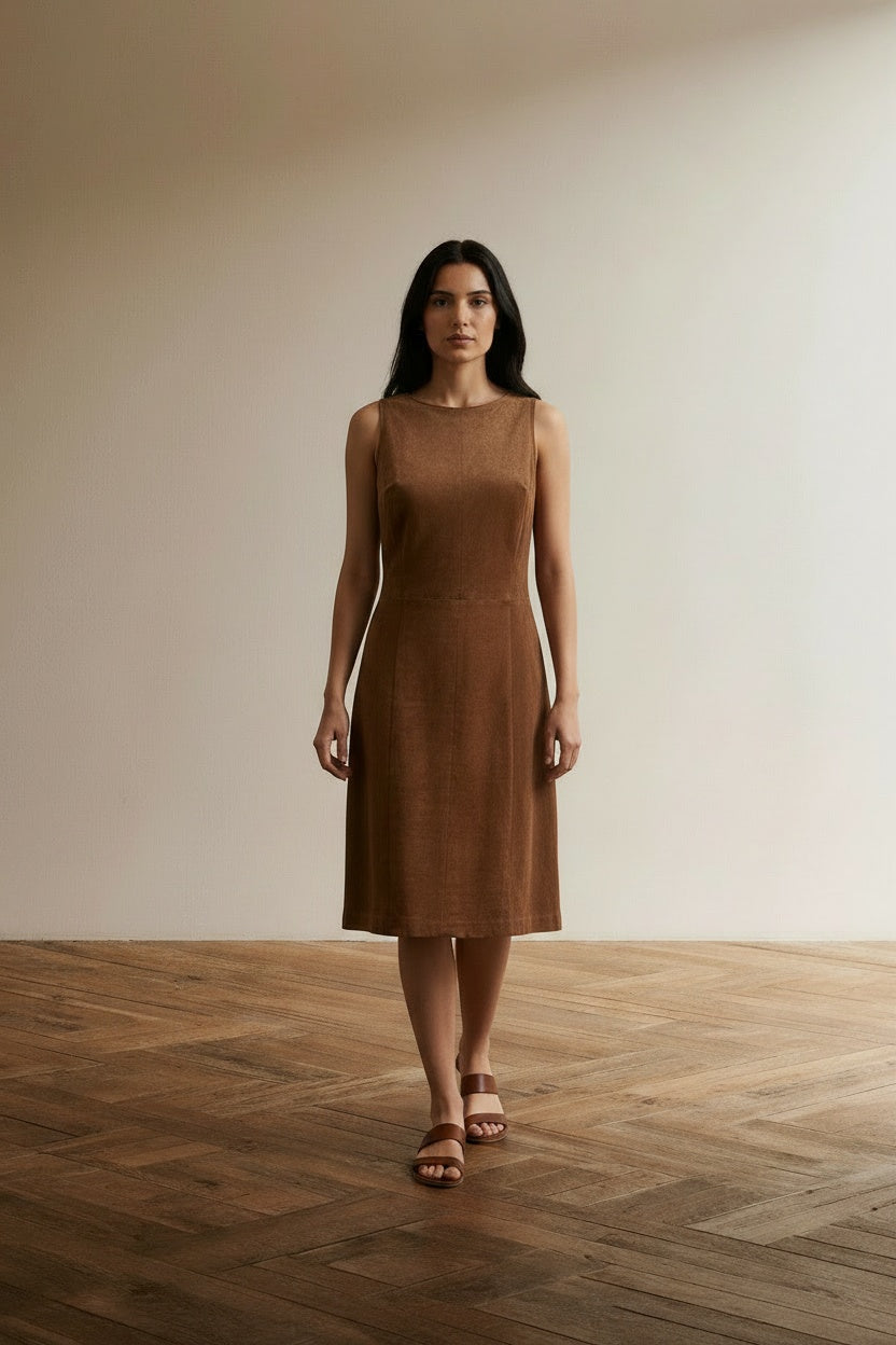Full body view of the model wearing Marc Cain Jurk maat N4 bruin