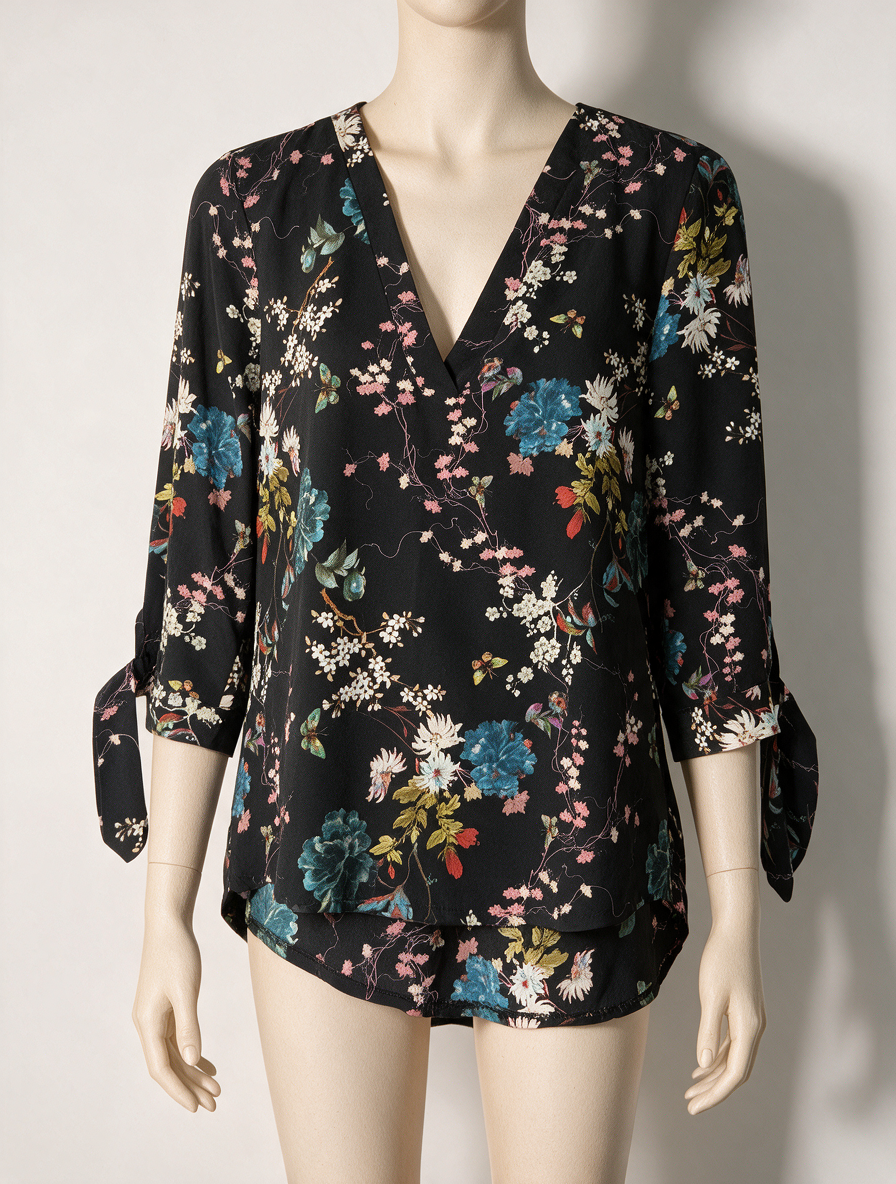 VIE TA VIE - Blouse - zwart, bloemenprint, V-hals - M