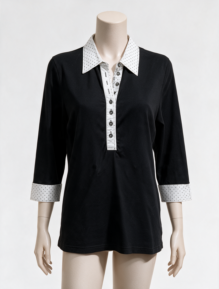 ERFO - Trui - zwart-wit, kraag met stippen, driekwart mouwen - XL