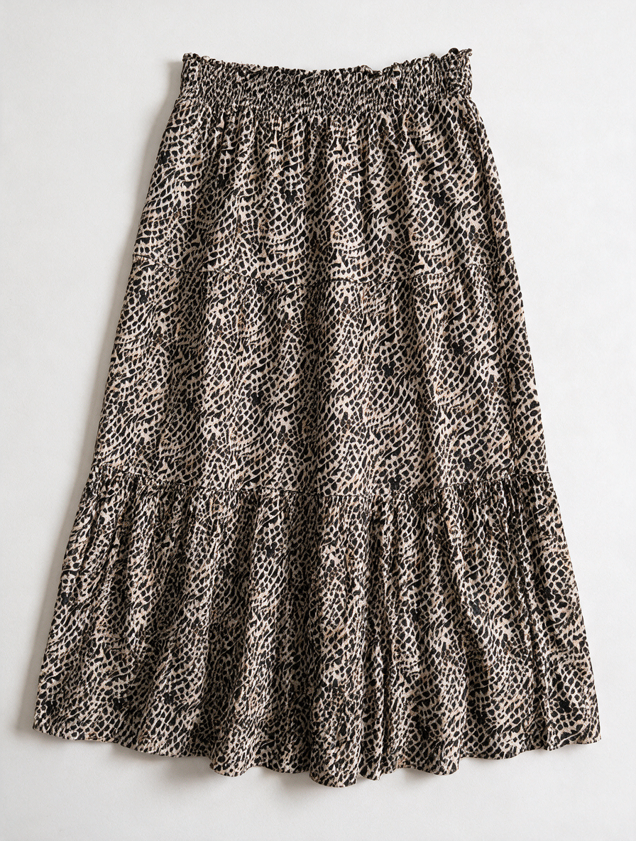 Les Copains - Rok - dierenprint, zwart/beige, elastische tailleband - L