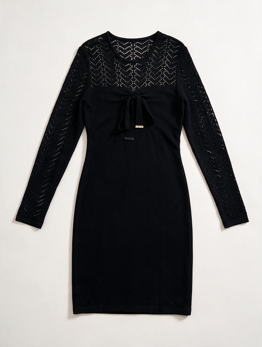 Caroline Biss - Jurk - zwart, gehaakt patroon, strikdetail - L