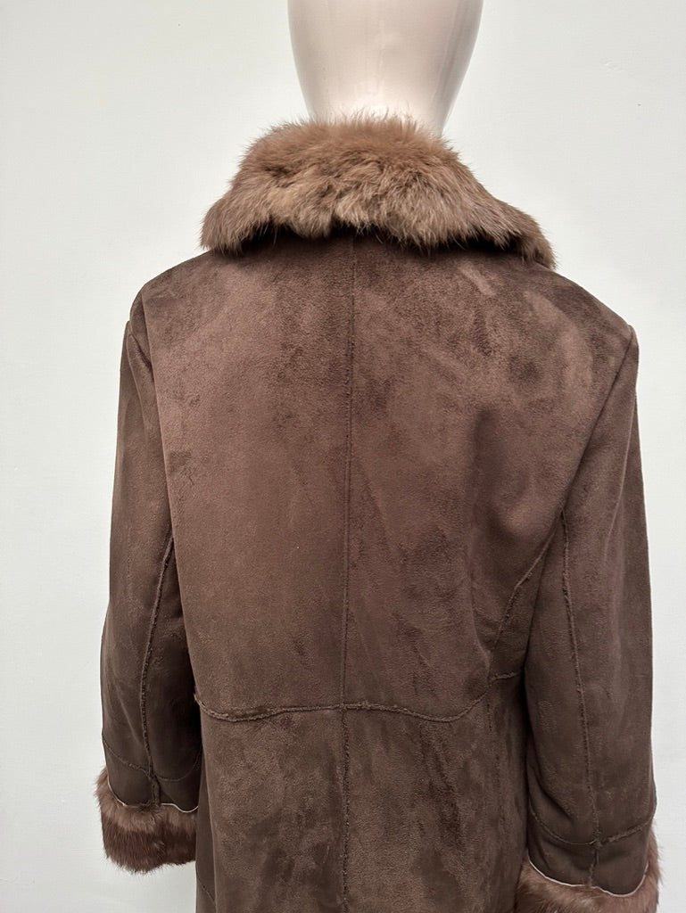 Gerard Darel - Jas - bruin suèdelook, bontkraag en bontmanchetten, lang model - XL