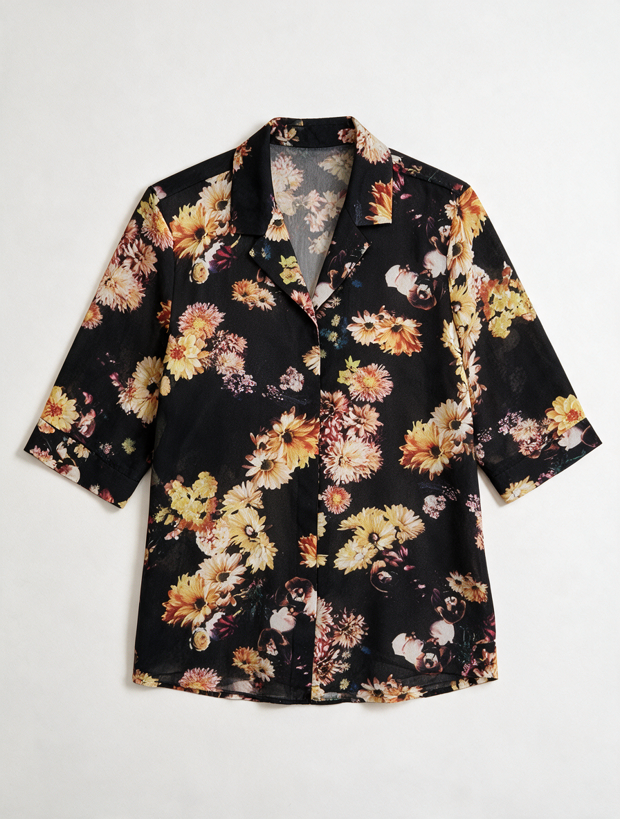SELECTED - Blouse - zwart, bloemenprint, korte mouw - S