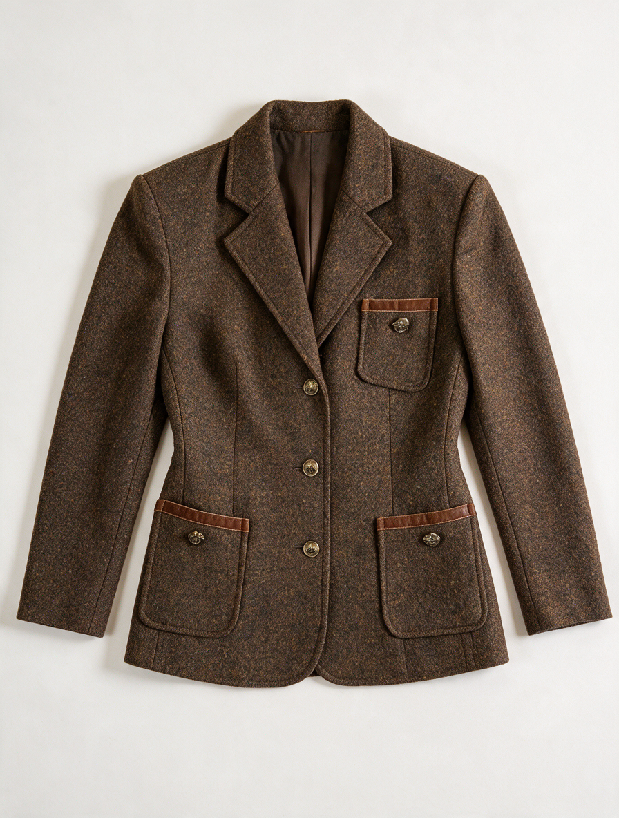 Vintage wollen tweed blazer - scheerwol, bruin gemêleerd, suède accenten - XL