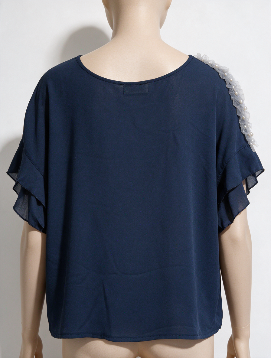 Amelie & Amelie - Blouse - blauw, schouderdetails met kralen, korte mouw - M