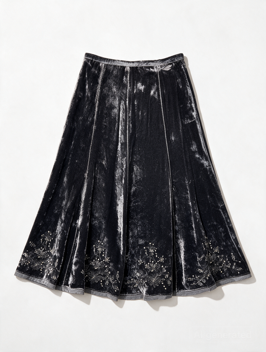 Gerard Darel - Rok - zwart, fluwelen look, bloemenmotief met kraaltjes - FR44 (NL42)