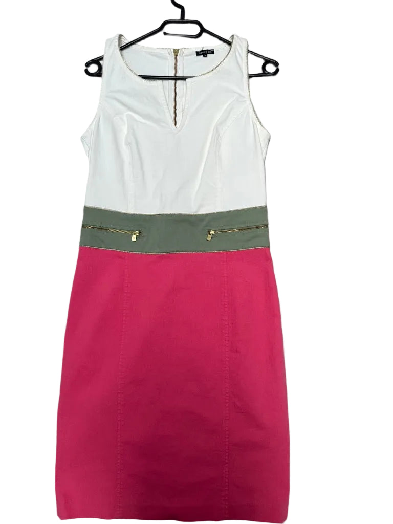 Caroline Biss Jurk Maat 36 – Colorblock Kokerjurk Wit Roze Groen met Gouden Details
