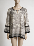 Mayerline Brussels - Blouse - zwart-wit paisleyprint, ronde hals met split, uitlopende mouwen - L