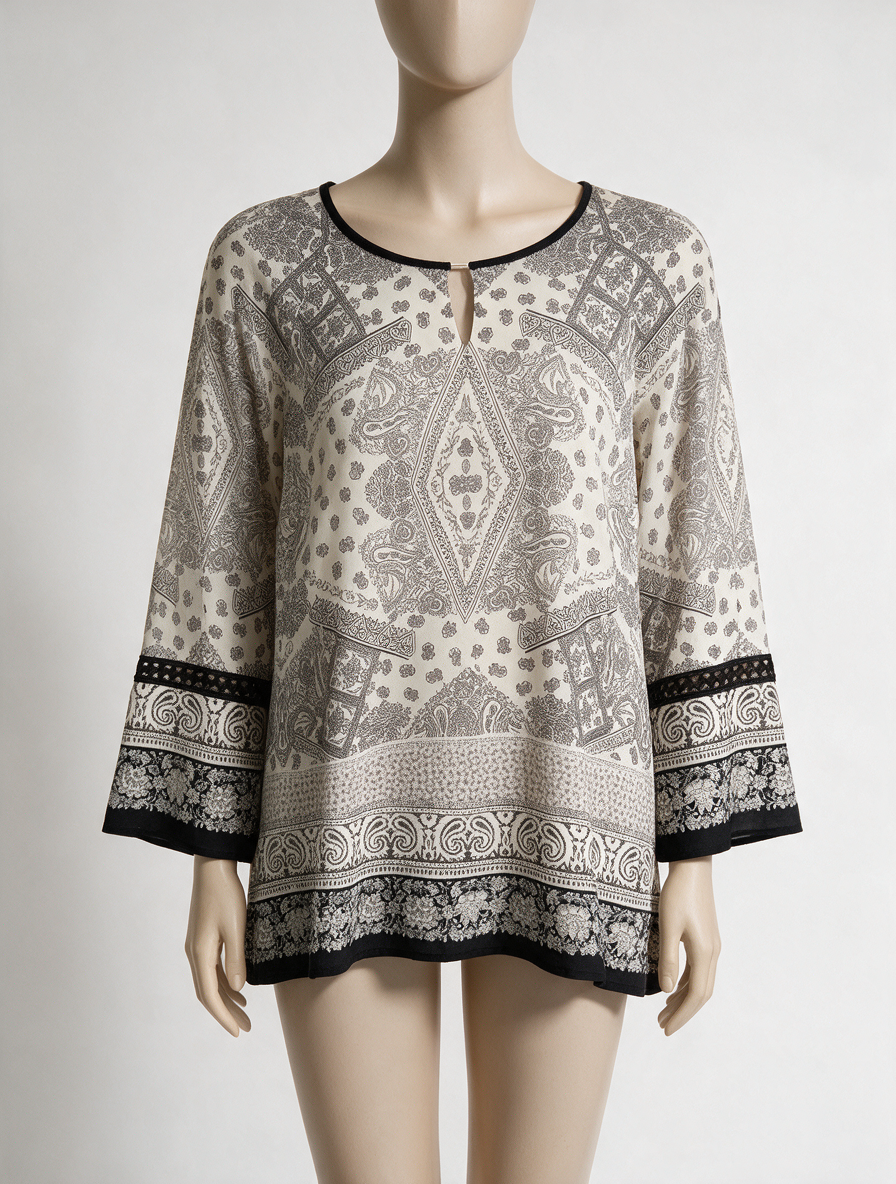 Mayerline Brussels - Blouse - zwart-wit paisleyprint, ronde hals met split, uitlopende mouwen - L