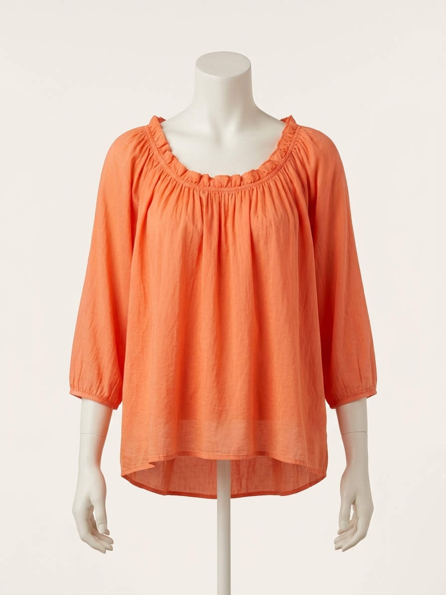 No.lita Blouse - oranje, ruffle bij hals, driekwart mouw maat M/L