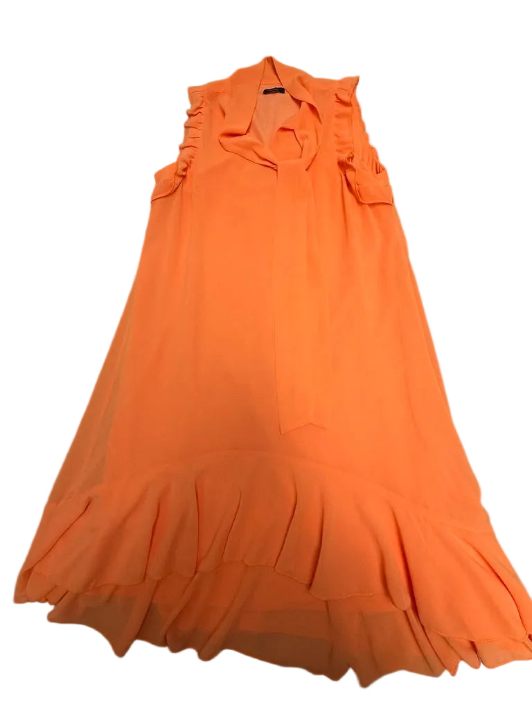 Fracomina neon oranje jurk – elegante chiffon jurk met ruches en strikdetail - maat S/M