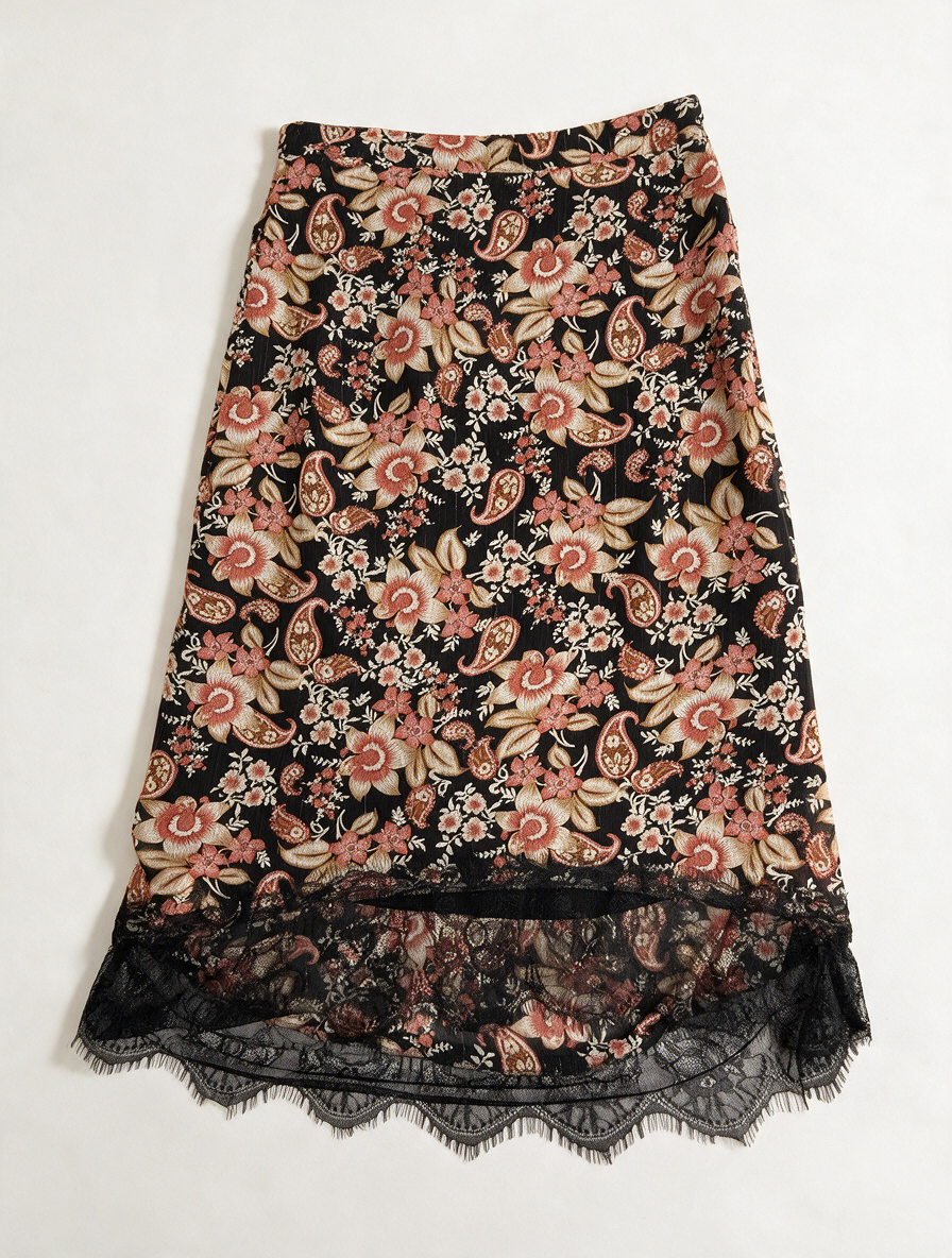 ESQUALO - Rok - zwart met bloemenprint, kanten zoom, midi lengte - 42