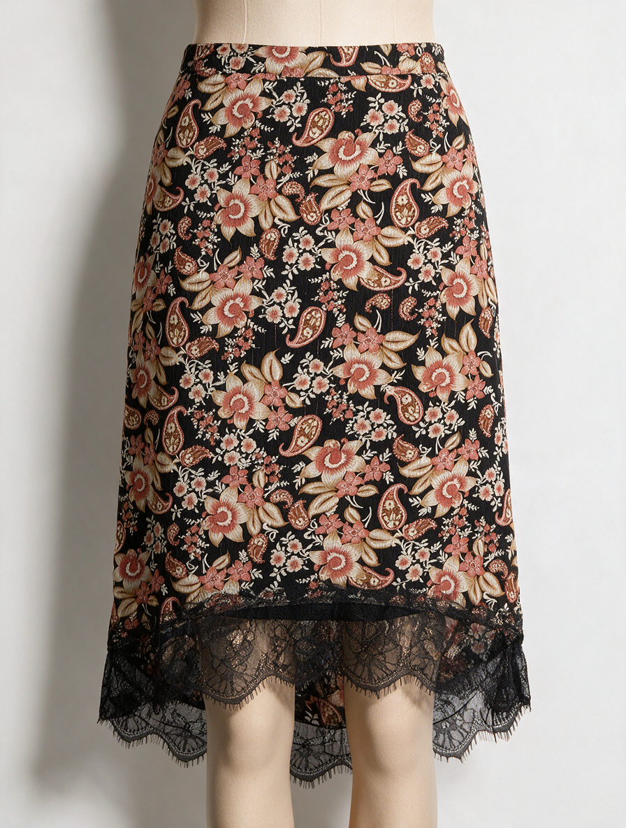 ESQUALO - Rok - zwart met bloemenprint, kanten zoom, midi lengte - 42