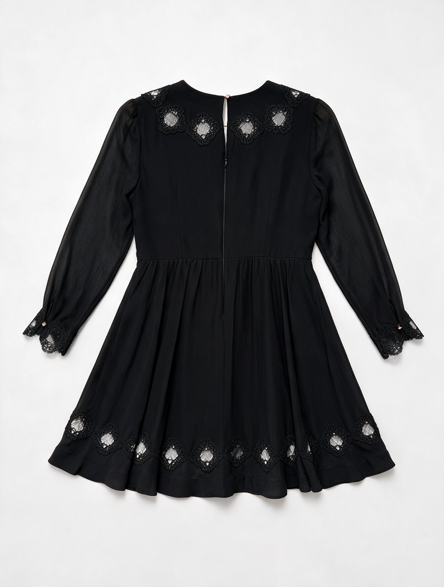 Ted Baker London - Jurk - zwart, semi-transparante mouwen, kantpatroon