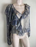 H&M - Blouse - blauw/beige patroon, diepe V-hals, ruches