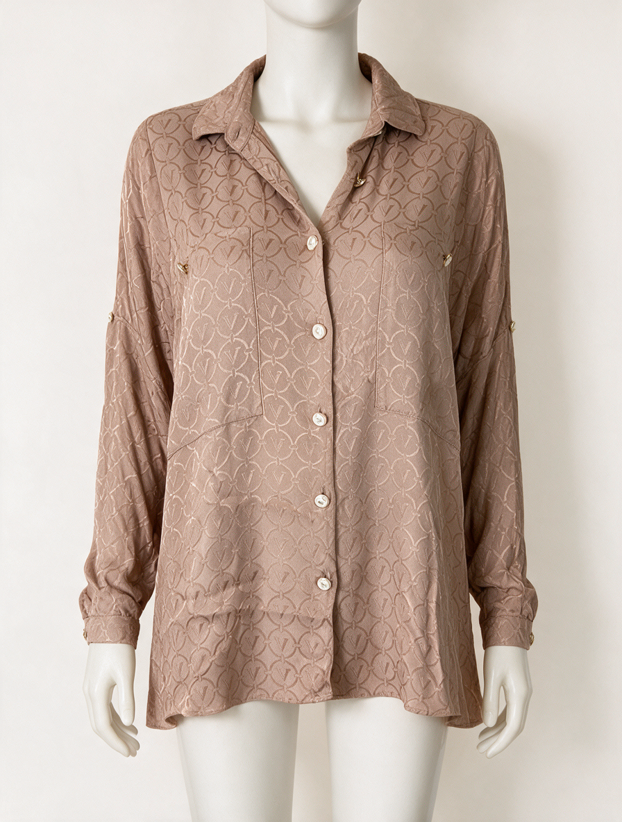 JOSH V - Blouse - beige, glanzende stof, grafisch patroon - L