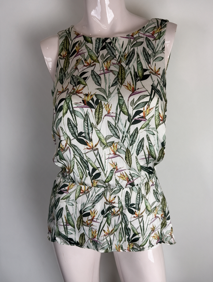 ESPRIT - Top - tropische bloemen- en bladerenprint, mouwloos, getailleerde taille - S