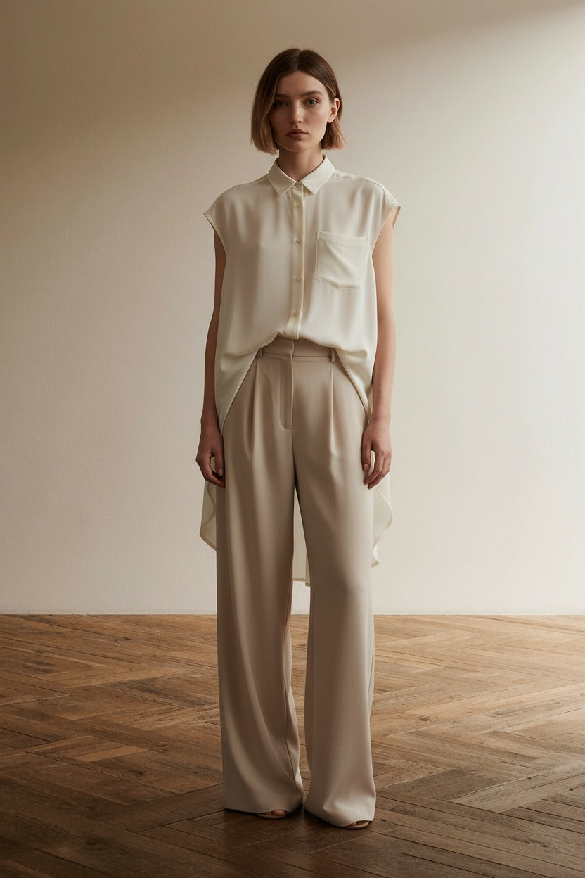 Full body view of the model wearing Theory 100% Zijden Mouwloze Blouse Crème – Luxe Silk Shirt met High-Low Zoom – Maat P