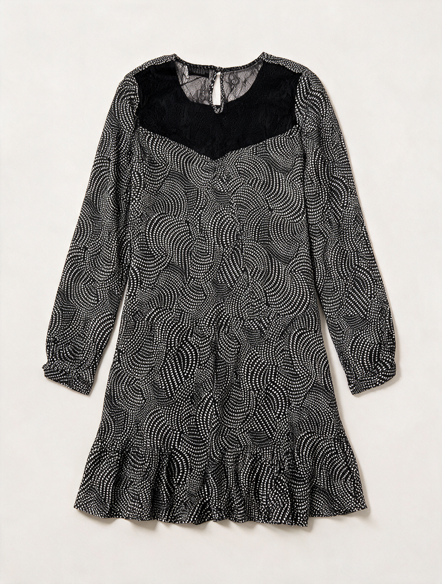Essentiel Antwerp - Jurk - zwart-wit stippenpatroon, lange mouwen, knoopsluiting achter - S