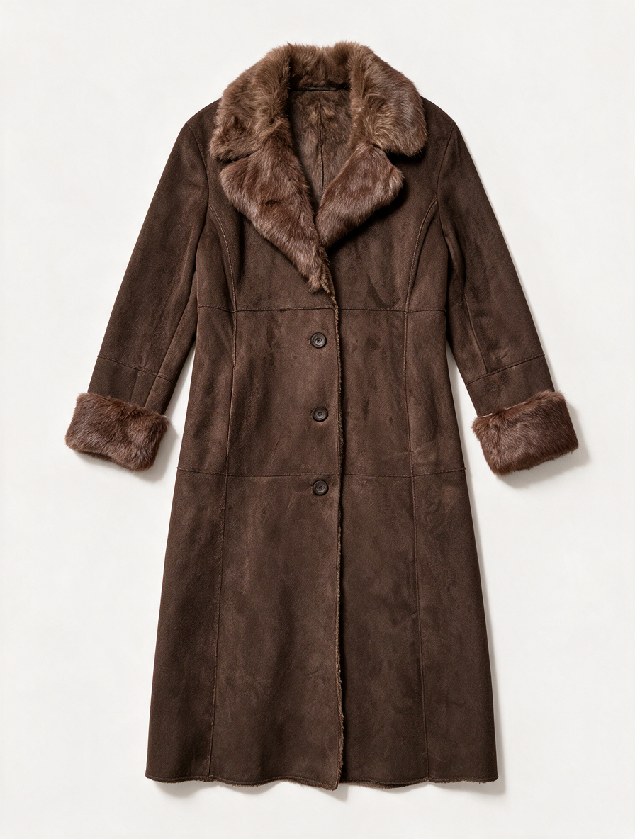 Gerard Darel - Jas - bruin suèdelook, bontkraag en bontmanchetten, lang model - XL