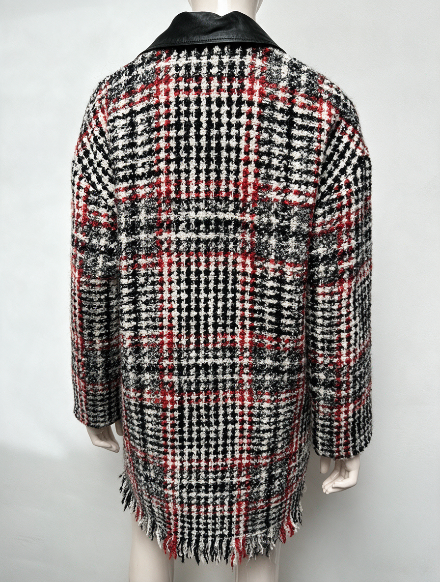 Caroline Biss - Jas - geruit in rood-zwart-wit, asymmetrische rits, kraag van imitatieleer - S