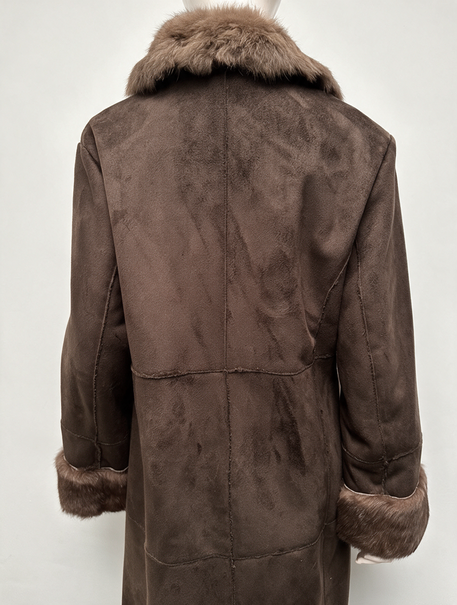 Gerard Darel - Jas - bruin suèdelook, bontkraag en bontmanchetten, lang model - XL
