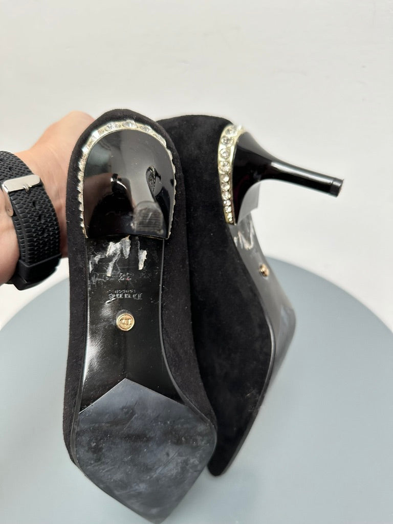 Dune - Enkellaars - zwart, suède-look, strassdetail op hak - 38
