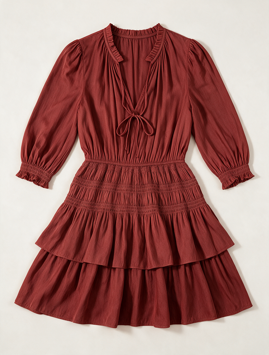 Maje - Jurk - roestrood, V-hals met ruches, gesmockte taille - M