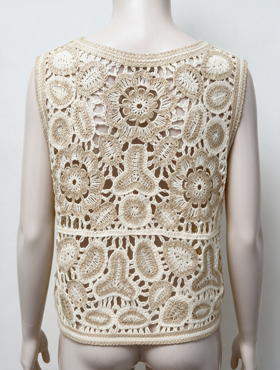Studio Eleven Collection - Gilet - crème, opengewerkt bloemmotief, knoopsluiting - 1 maat