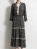 Geisha - Jurk - zwart-wit bloemenprint, maxi-lengte, V-hals met koordsluiting - S