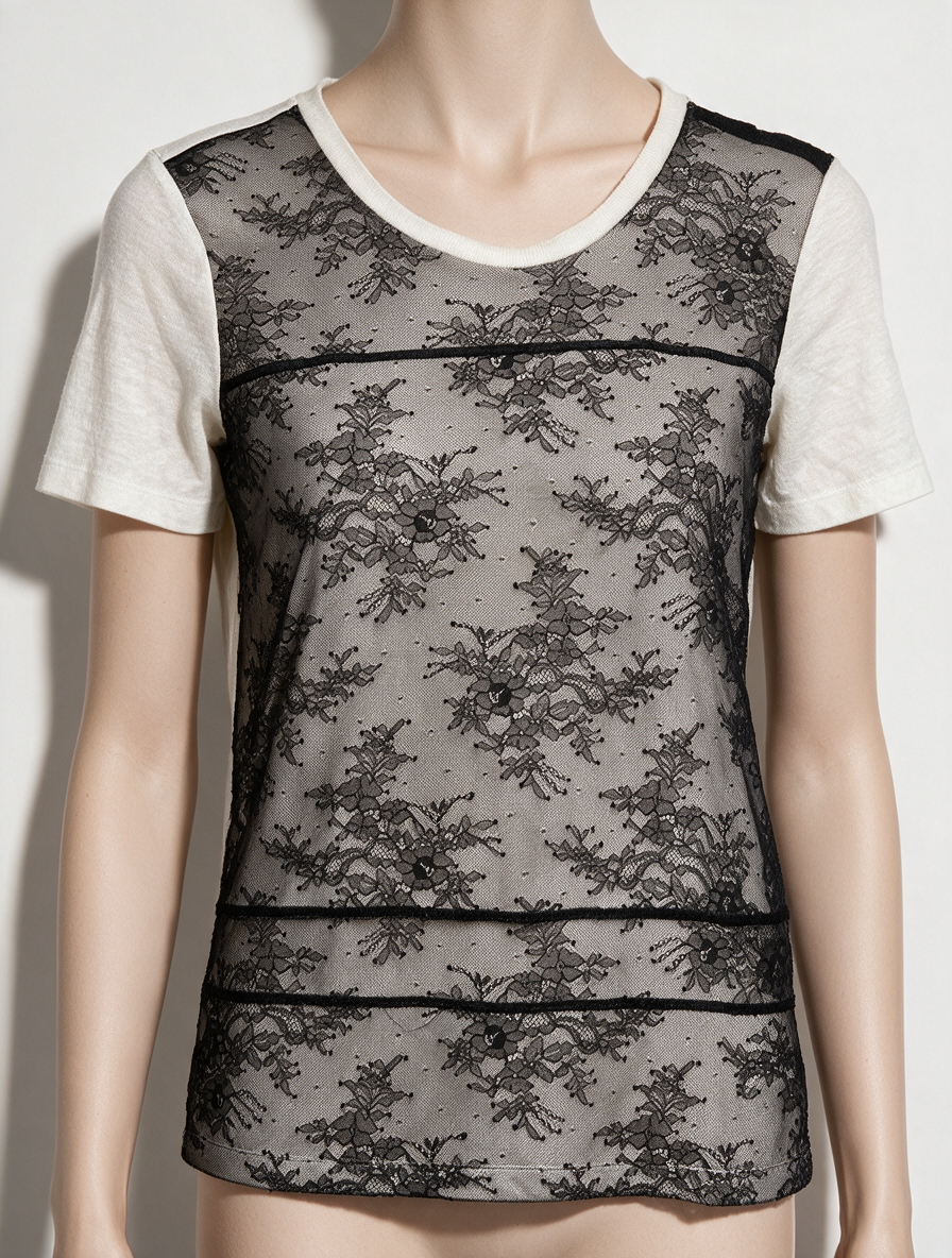 Sandro - T-shirt - crème/zwart, kanten voorkant, bloemenpatroon