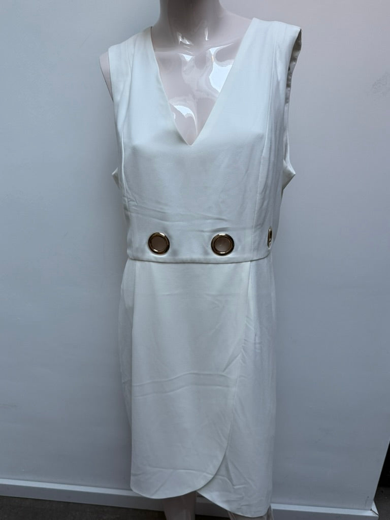 LINEA RAFFAELLI - Jurk - wit, diepe V-hals, metalen ringdetails - L