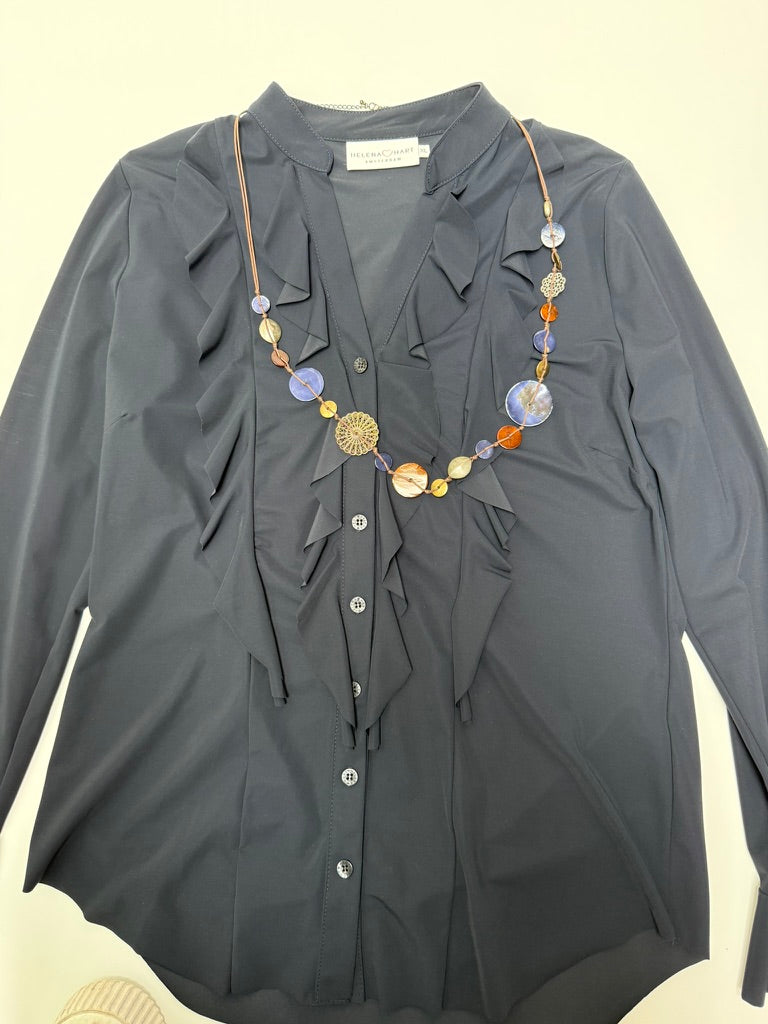 HELENA HART - Blouse - donkerblauw, ruches, opstaande kraag - XL