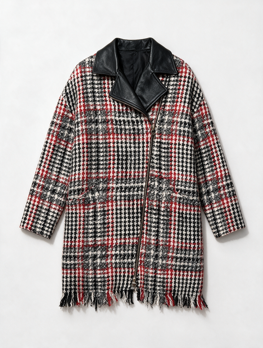 Caroline Biss - Jas - geruit in rood-zwart-wit, asymmetrische rits, kraag van imitatieleer - S