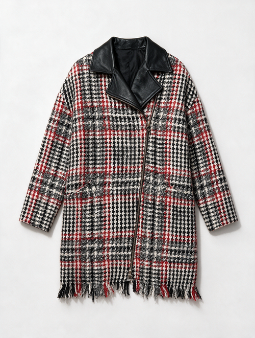 Caroline Biss - Jas - geruit in rood-zwart-wit, asymmetrische rits, kraag van imitatieleer - S