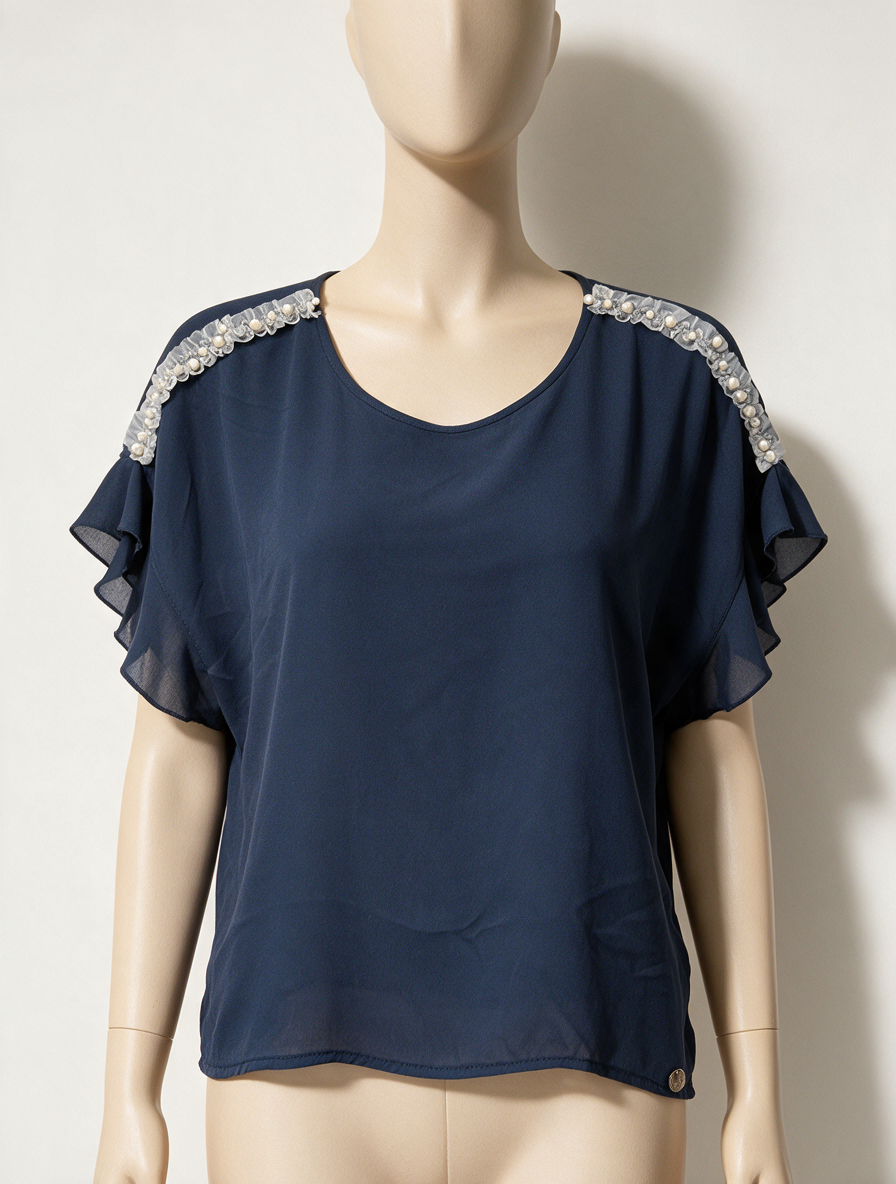 Amelie & Amelie - Blouse - blauw, schouderdetails met kralen, korte mouw - M