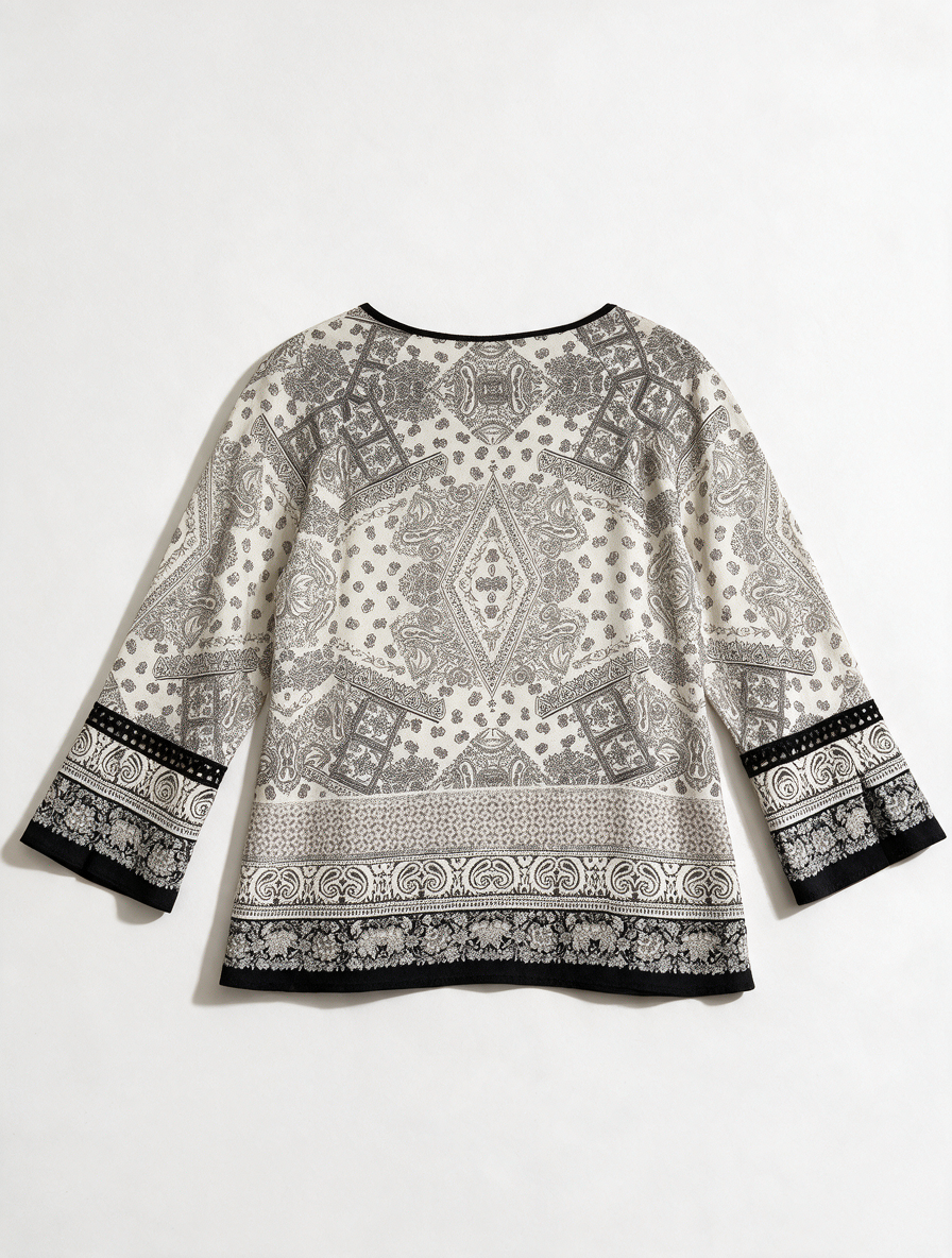 Mayerline Brussels - Blouse - zwart-wit paisleyprint, ronde hals met split, uitlopende mouwen - L