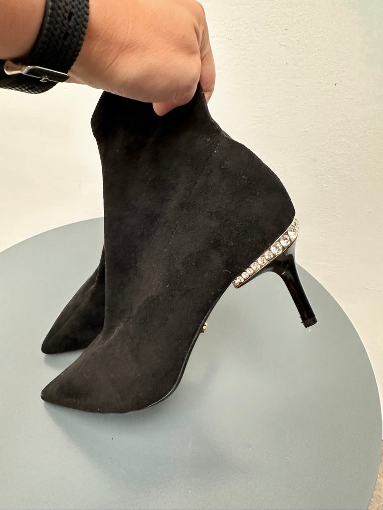 Dune - Enkellaars - zwart, suède-look, strassdetail op hak - 38