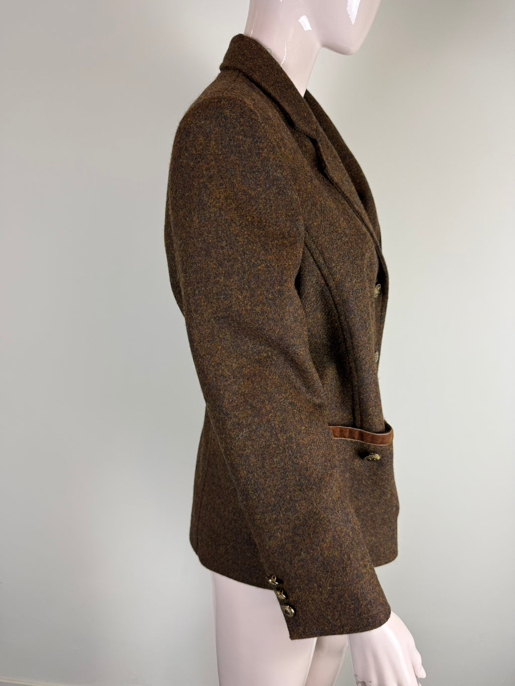 Vintage wollen tweed blazer - scheerwol, bruin gemêleerd, suède accenten - XL