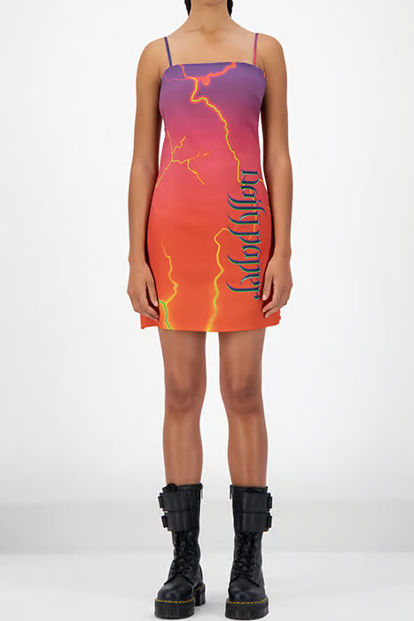 Daily Paper satin slip dress / jurkje paars rood bliksem print maat L
