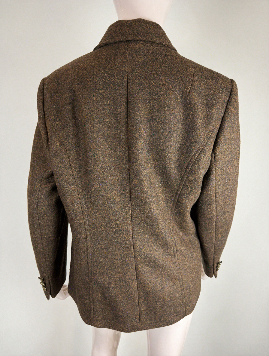 Vintage wollen tweed blazer - scheerwol, bruin gemêleerd, suède accenten - XL