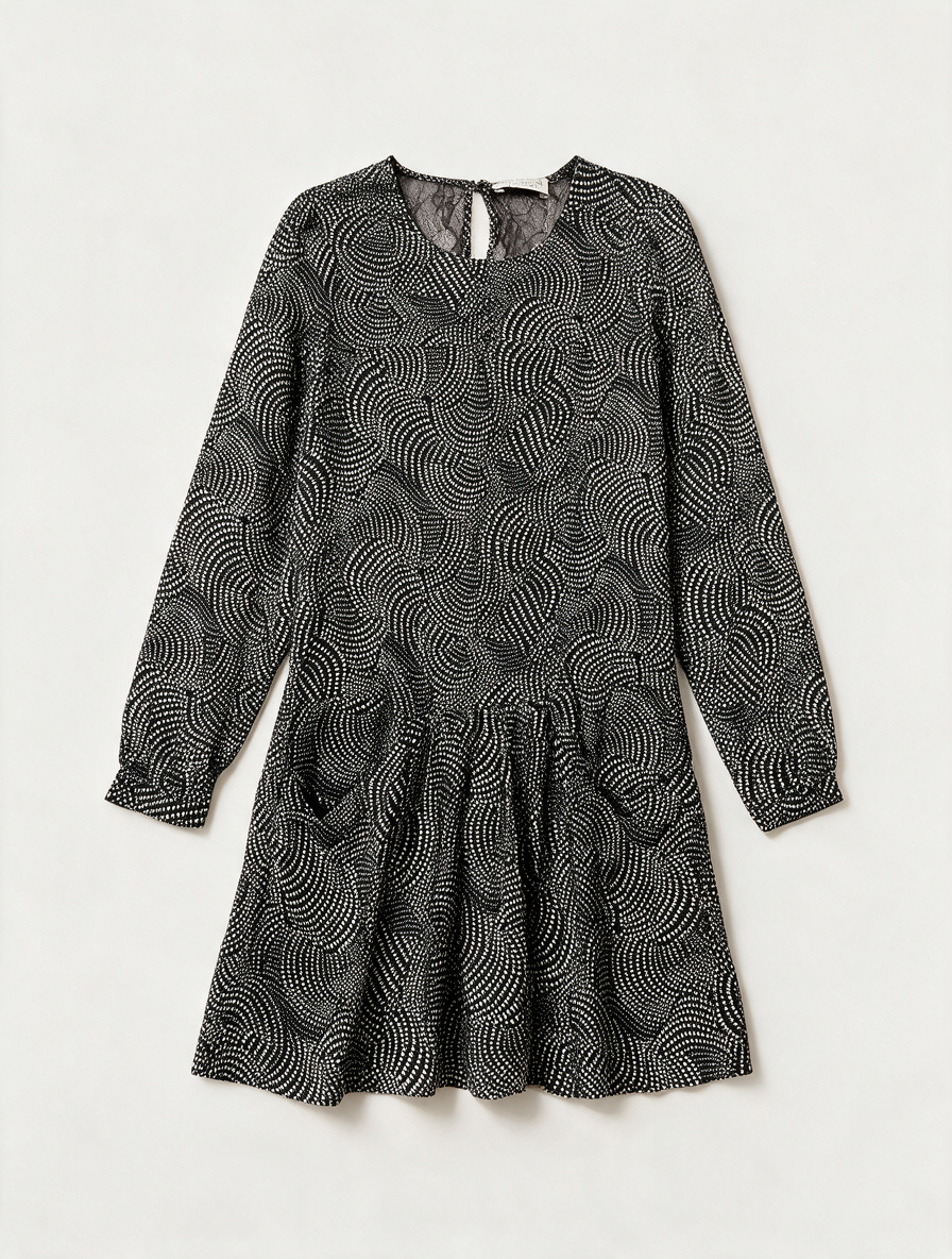 Essentiel Antwerp - Jurk - zwart-wit stippenpatroon, lange mouwen, knoopsluiting achter - S