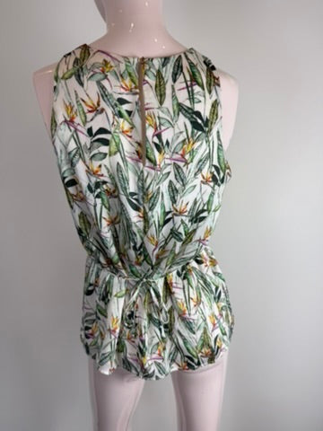 ESPRIT - Top - tropische bloemen- en bladerenprint, mouwloos, getailleerde taille - S