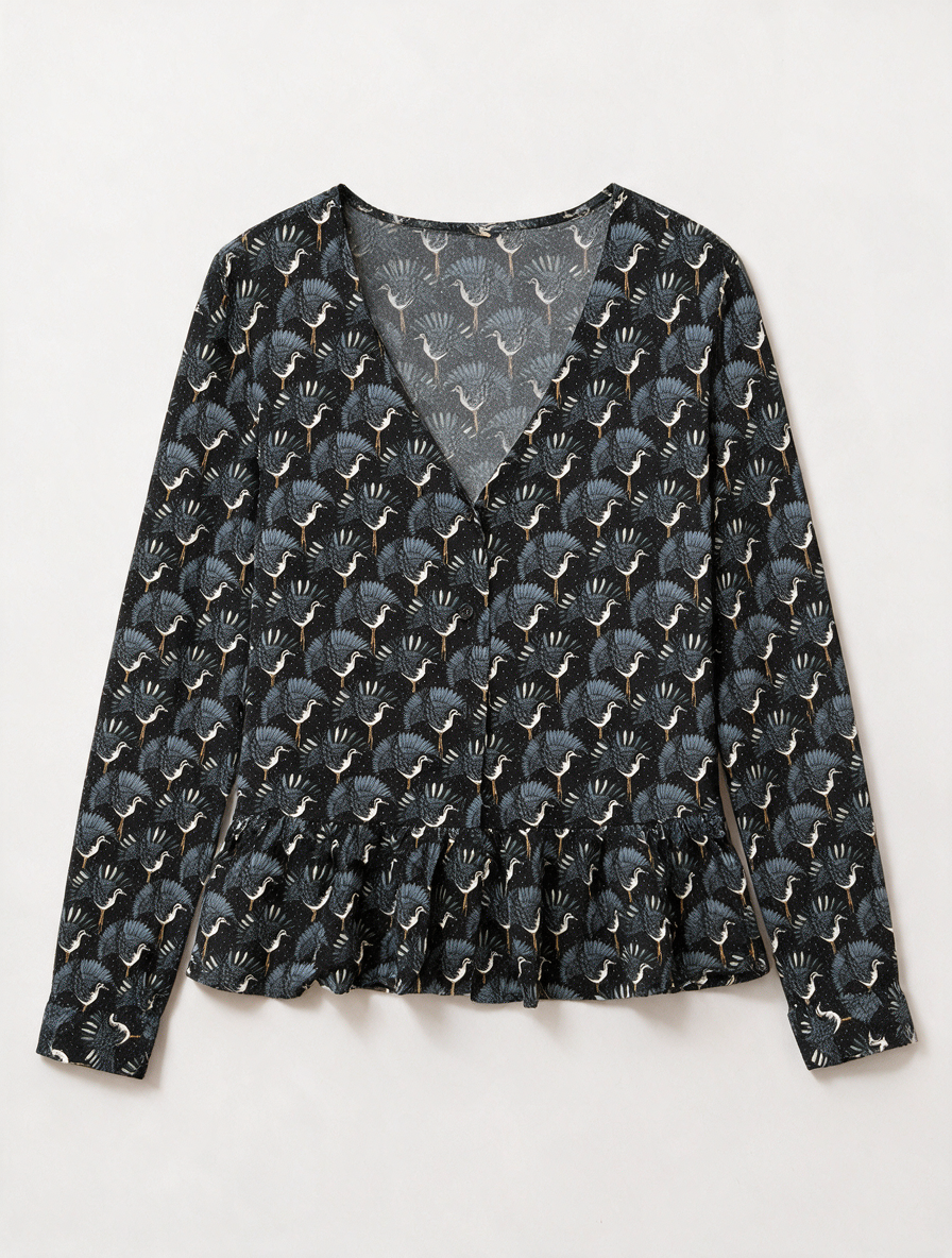 MARIE SIXTINE - Blouse - kraanvogelprint, V-hals, lange mouwen - maat M