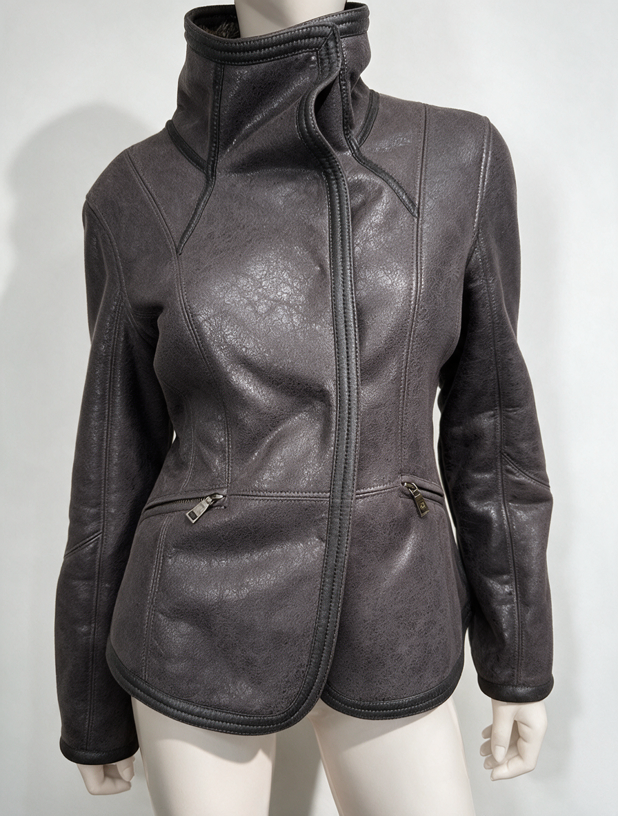 Armani Jeans - Jas - bruin, leerlook, asymmetrische ritssluiting - M/L