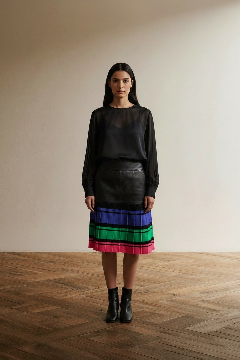 Full body view of the model wearing Marc Cain Zwarte Rok met Roze, Groene en Blauwe streep Maat 2
