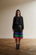 Full body view of the model wearing Marc Cain Zwarte Rok met Roze, Groene en Blauwe streep Maat 2