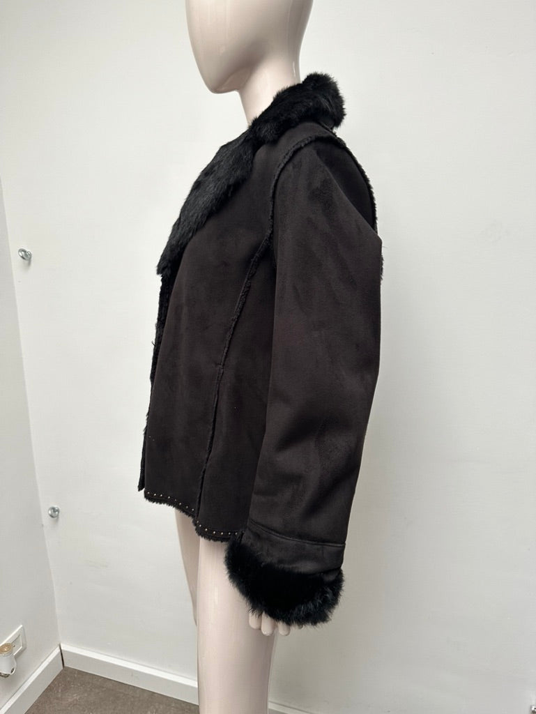 GERARD DAREL - Jas - zwart, imitatiebontkraag, knoopsluiting - XL
